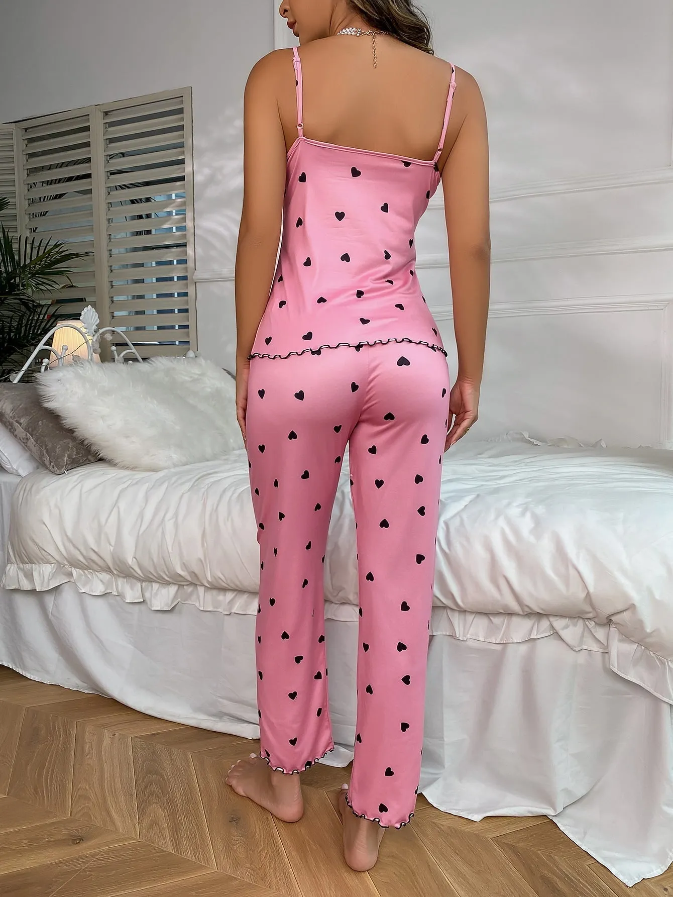 Heart Print Contrast Lace Bow Front Cami Pajama Set