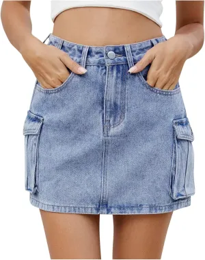 High Stretchy Cargo Skirt for Women, Low Waist Y2k Mini Skirts Cute Denim Skirt with Pockets Casual Cowboy Skirts