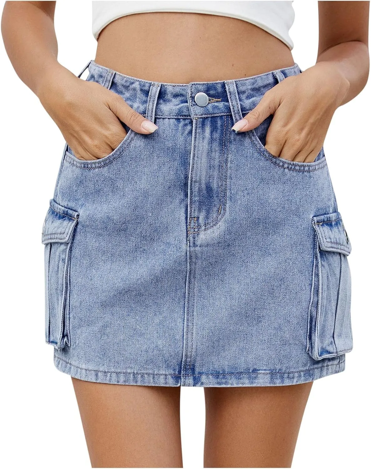 High Stretchy Cargo Skirt for Women, Low Waist Y2k Mini Skirts Cute Denim Skirt with Pockets Casual Cowboy Skirts