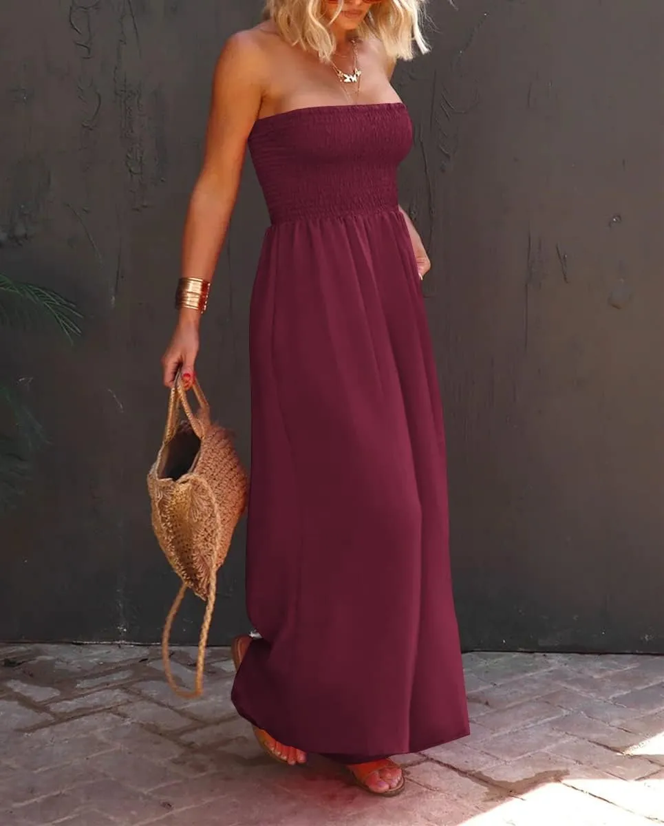 Hongqizo Womens Sleeveless Strapless Wide Leg Jumpsuits Summer Casual Loose Smocked Chiffon Jumpsuit Rompers with Pockets