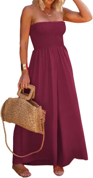 Hongqizo Womens Sleeveless Strapless Wide Leg Jumpsuits Summer Casual Loose Smocked Chiffon Jumpsuit Rompers with Pockets