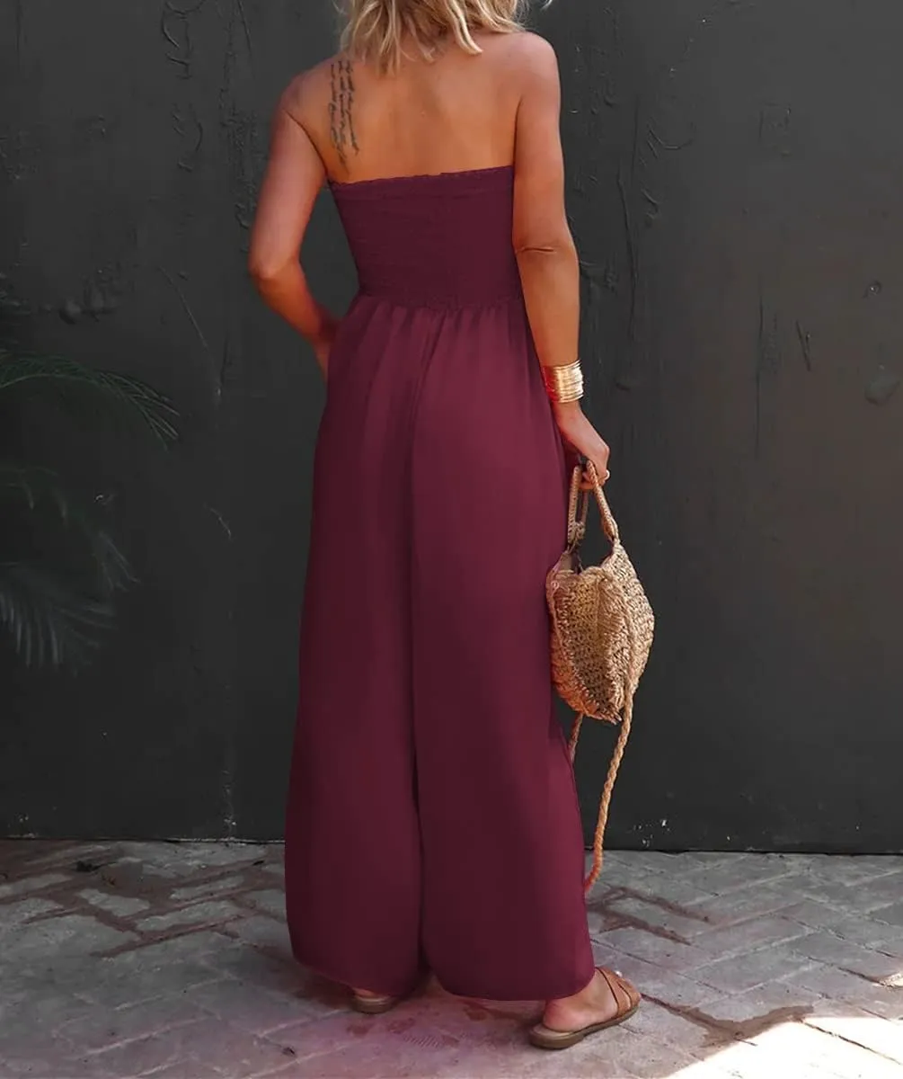 Hongqizo Womens Sleeveless Strapless Wide Leg Jumpsuits Summer Casual Loose Smocked Chiffon Jumpsuit Rompers with Pockets