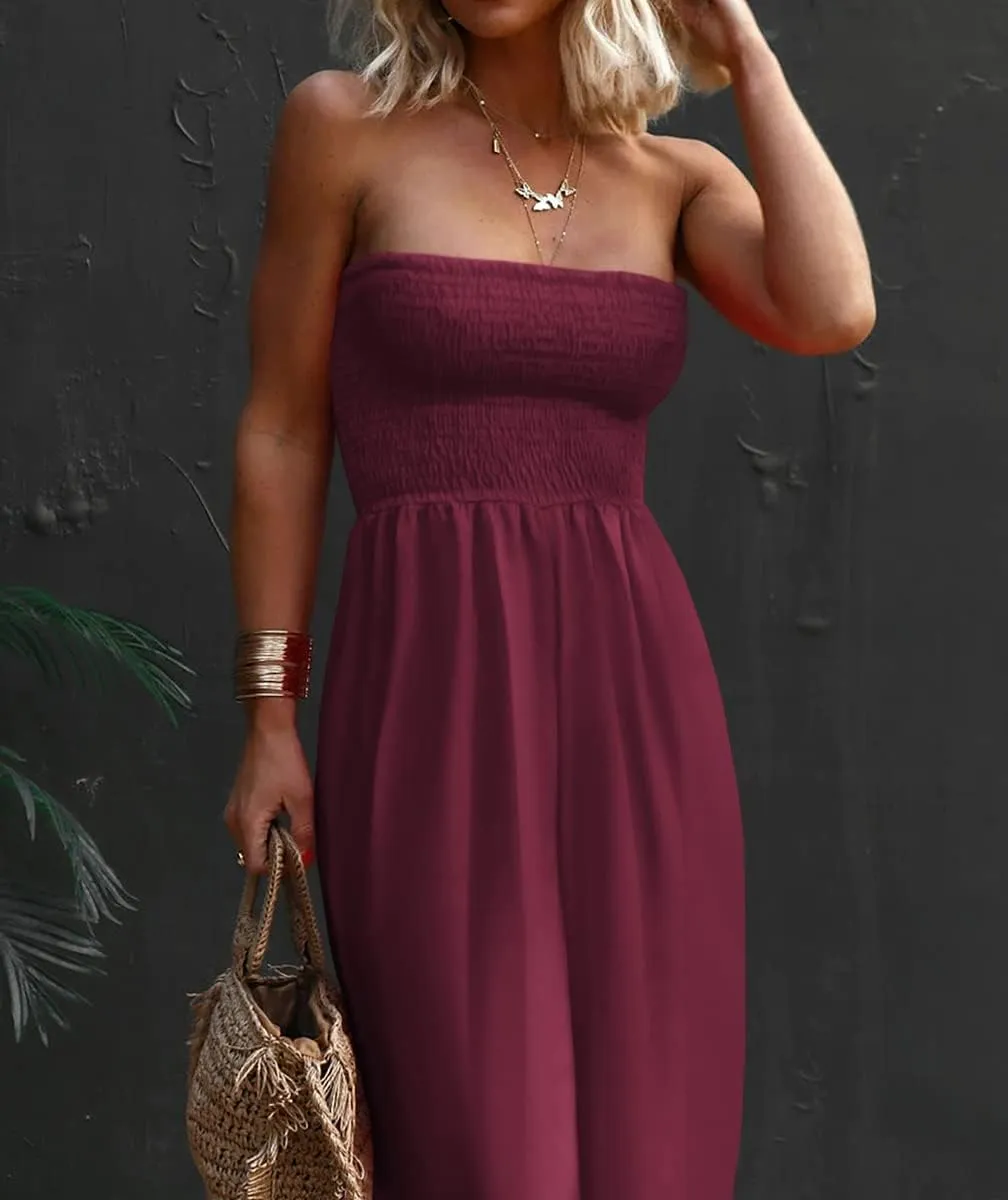 Hongqizo Womens Sleeveless Strapless Wide Leg Jumpsuits Summer Casual Loose Smocked Chiffon Jumpsuit Rompers with Pockets