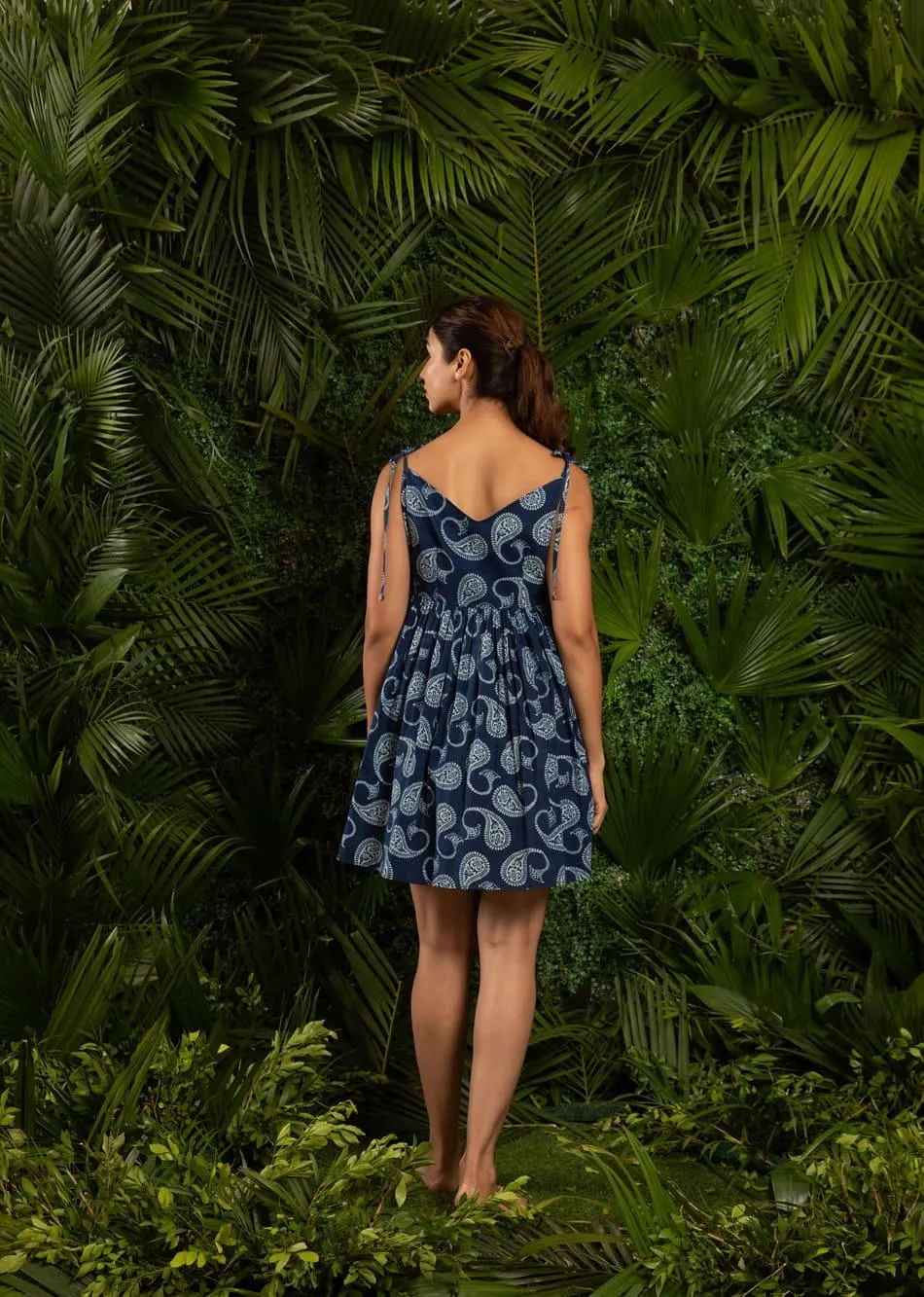 Indigo Blue Mini Dress with Knot Tie-Up Sleeves