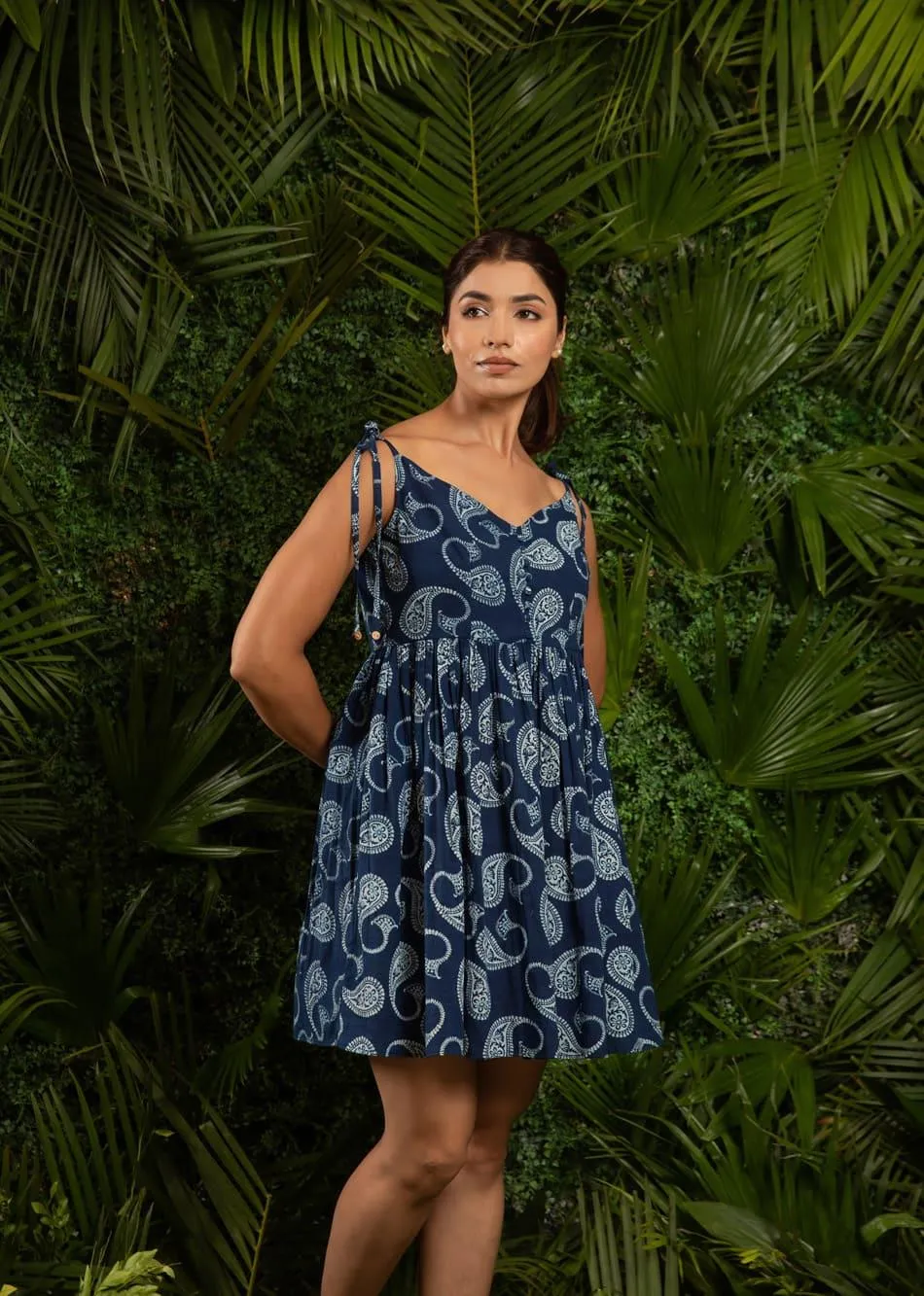 Indigo Blue Mini Dress with Knot Tie-Up Sleeves