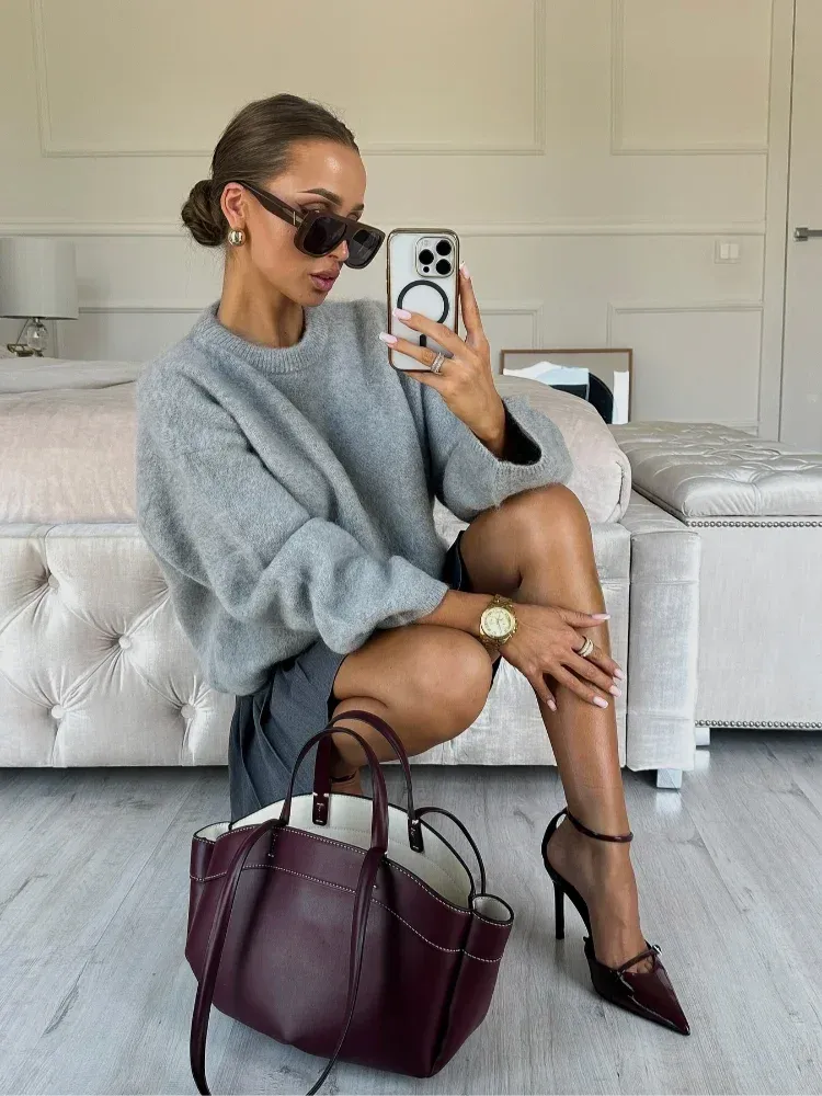 Knitted Long Sleeved O-neck Casual Knitted Sweater Women Fashion Solid Versatile Elegant  Sweaters Commute Street Pullover