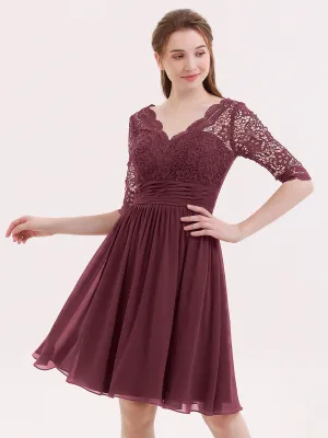 Lace and Chiffon Short Dress with Half Sleeves Cabernet