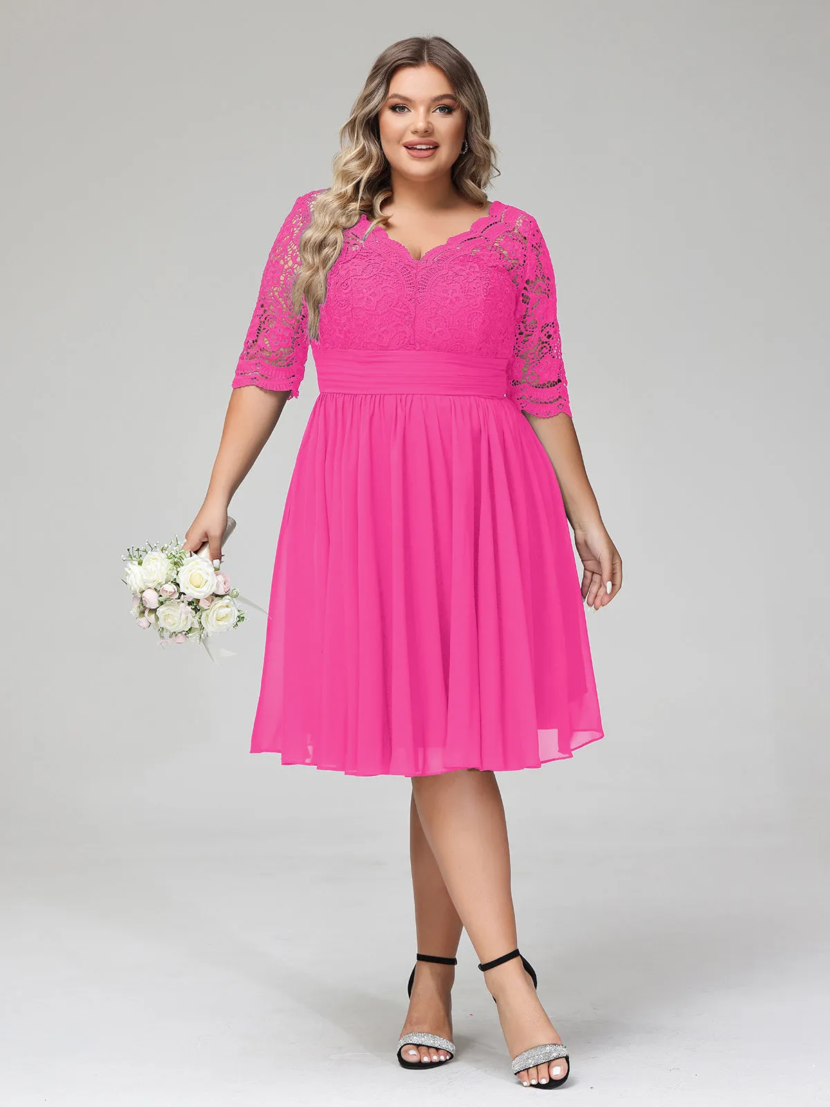 Lace and Chiffon Short Dress with Half Sleeves Fuchsia