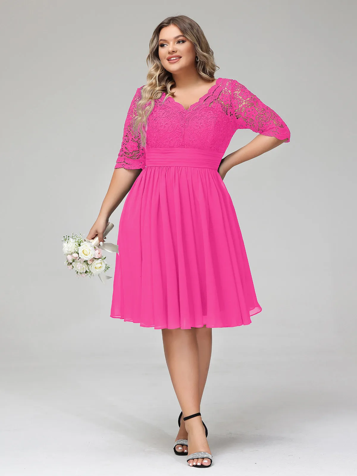 Lace and Chiffon Short Dress with Half Sleeves Fuchsia