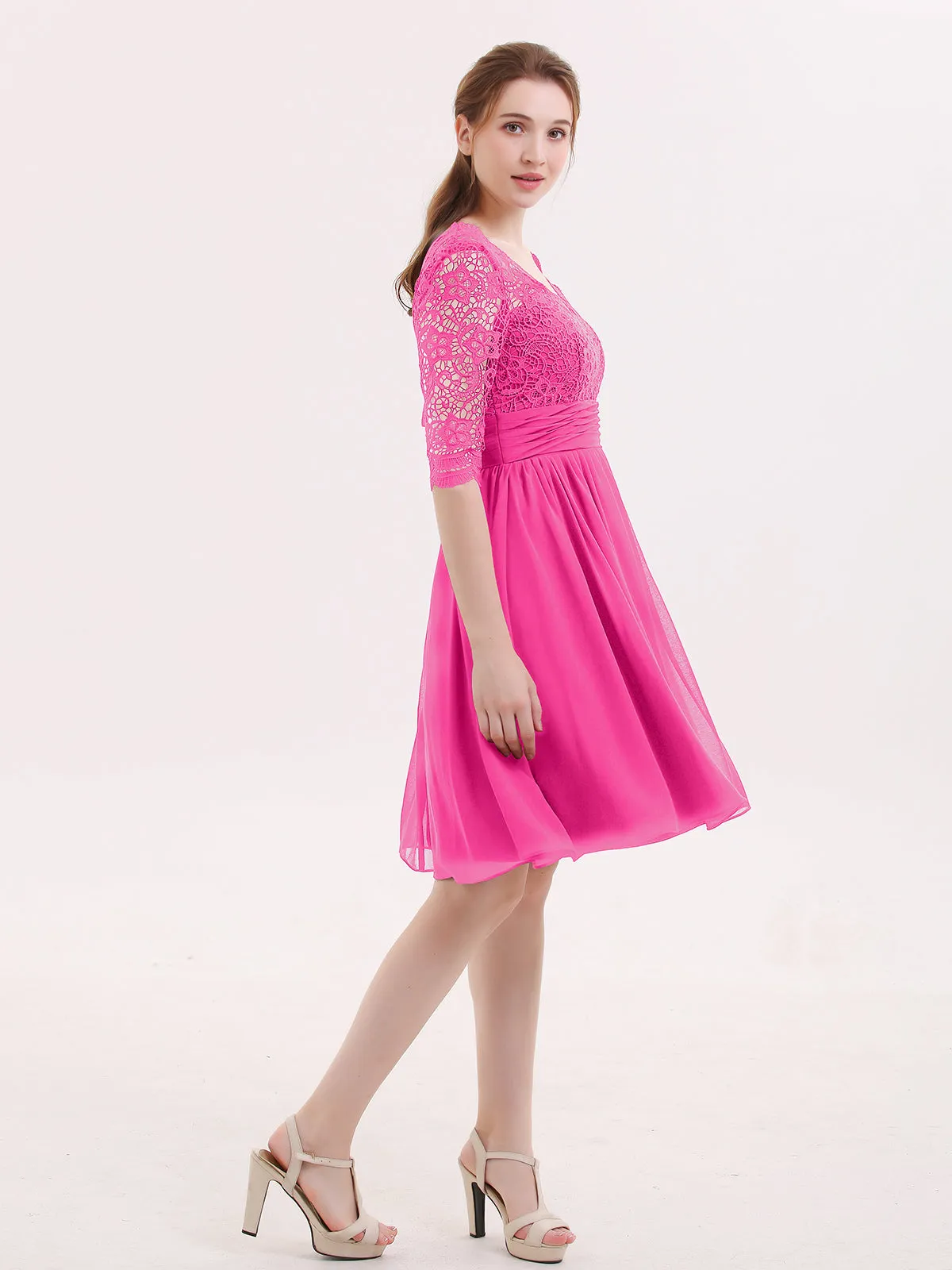 Lace and Chiffon Short Dress with Half Sleeves Fuchsia