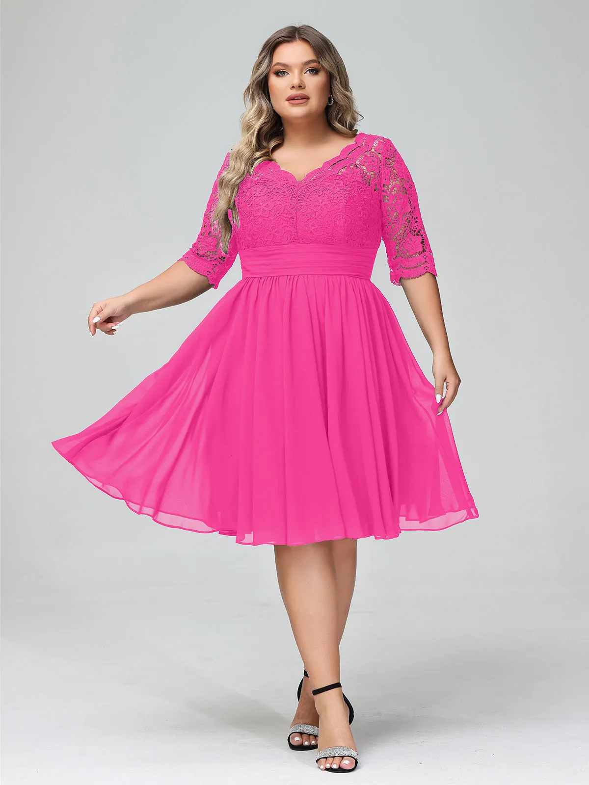 Lace and Chiffon Short Dress with Half Sleeves Fuchsia
