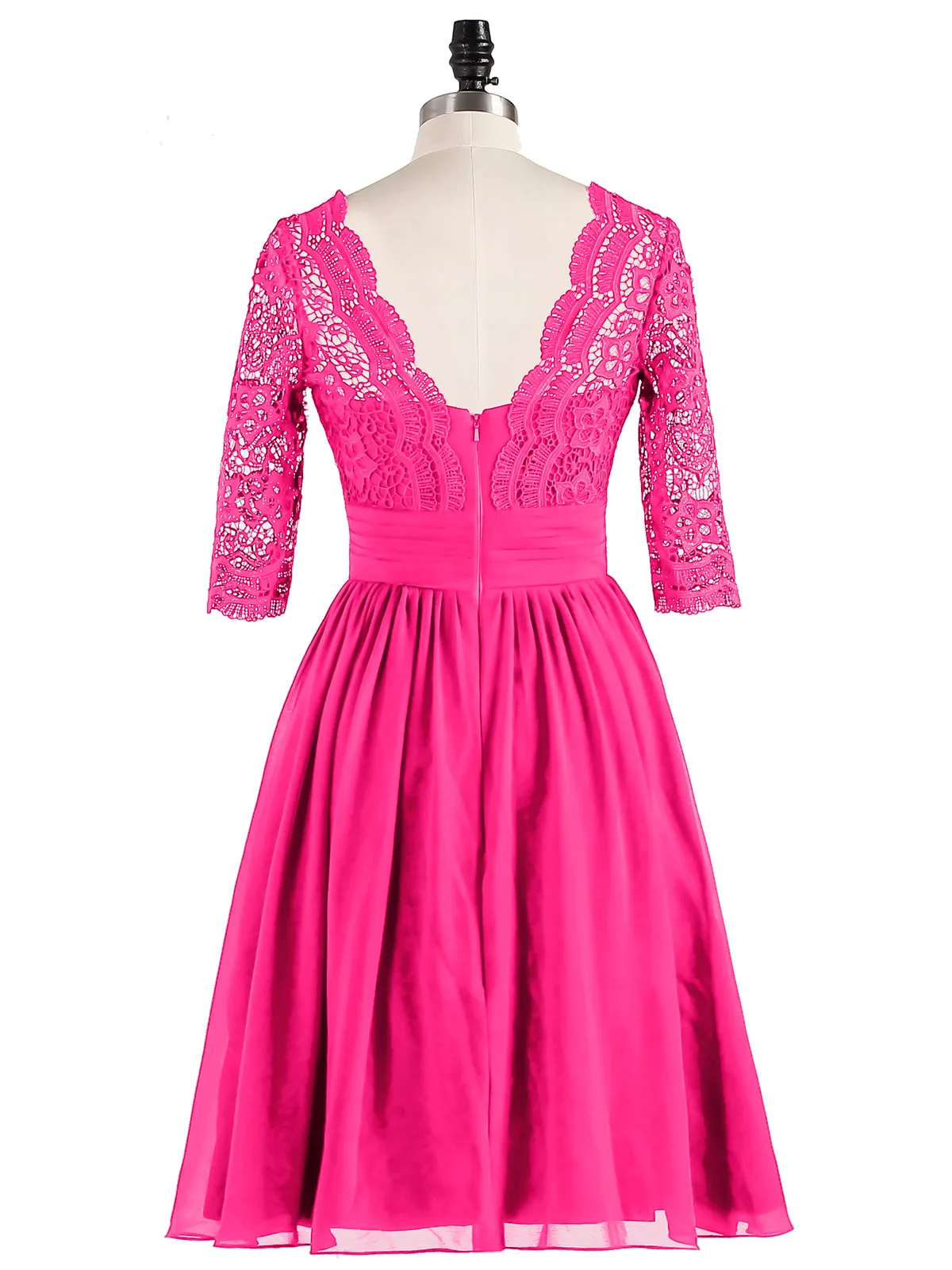 Lace and Chiffon Short Dress with Half Sleeves Fuchsia
