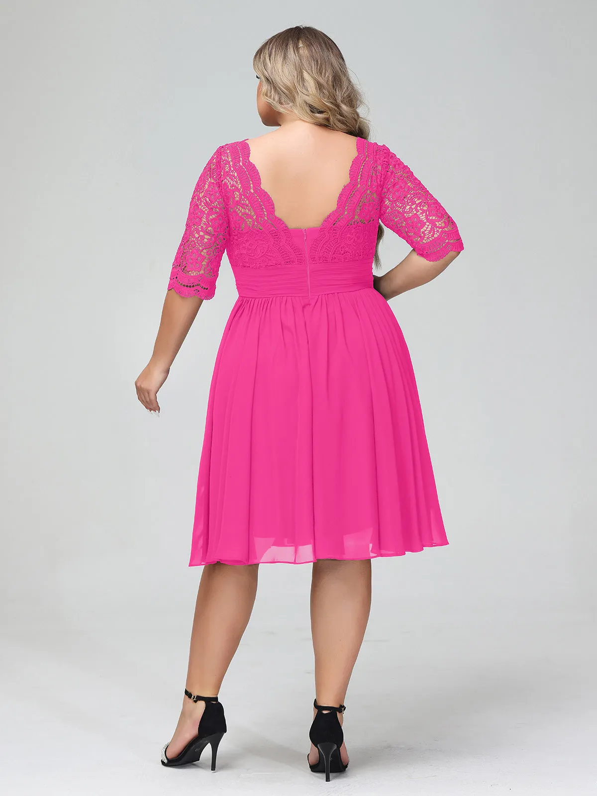 Lace and Chiffon Short Dress with Half Sleeves Fuchsia