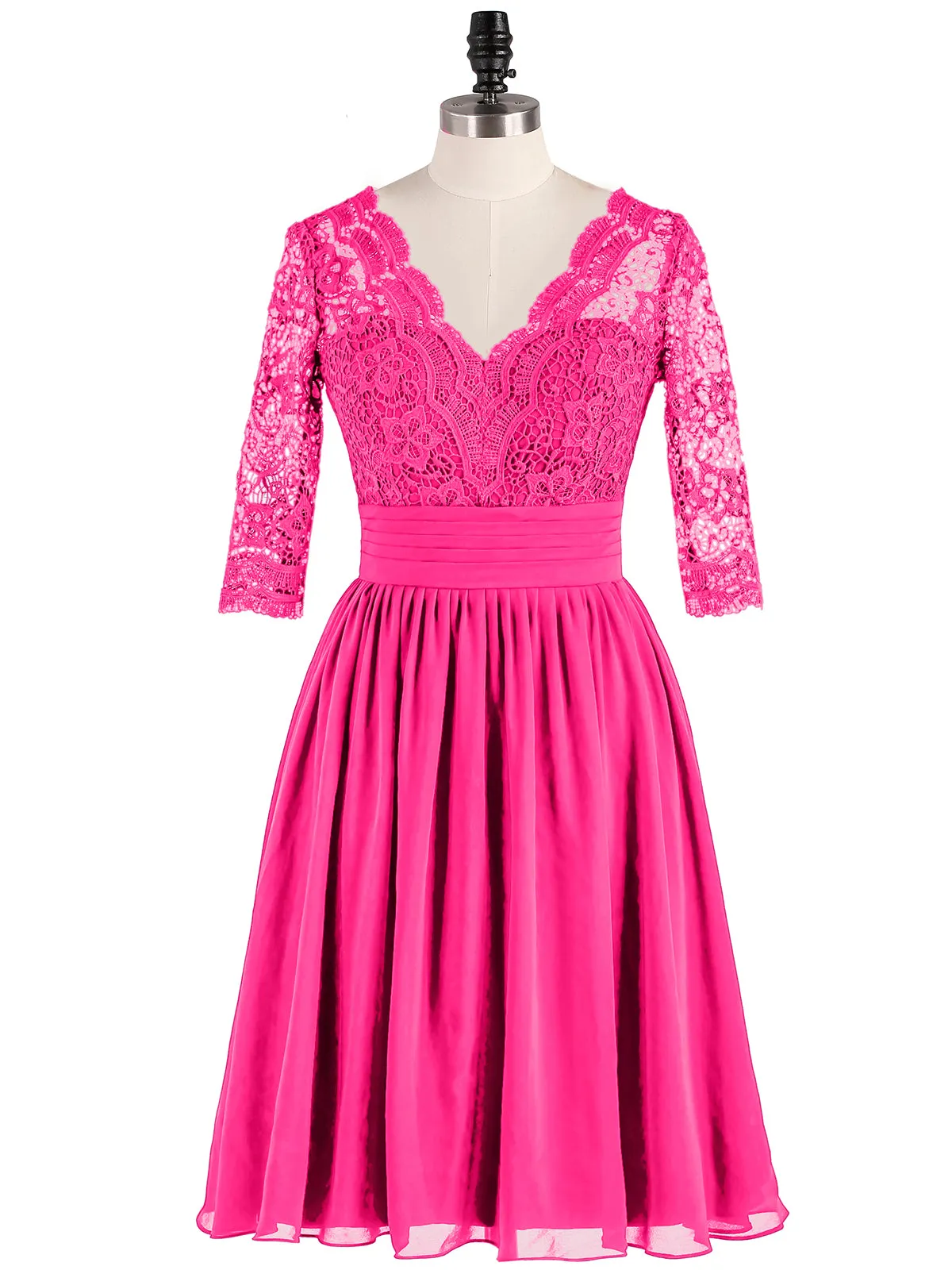 Lace and Chiffon Short Dress with Half Sleeves Fuchsia