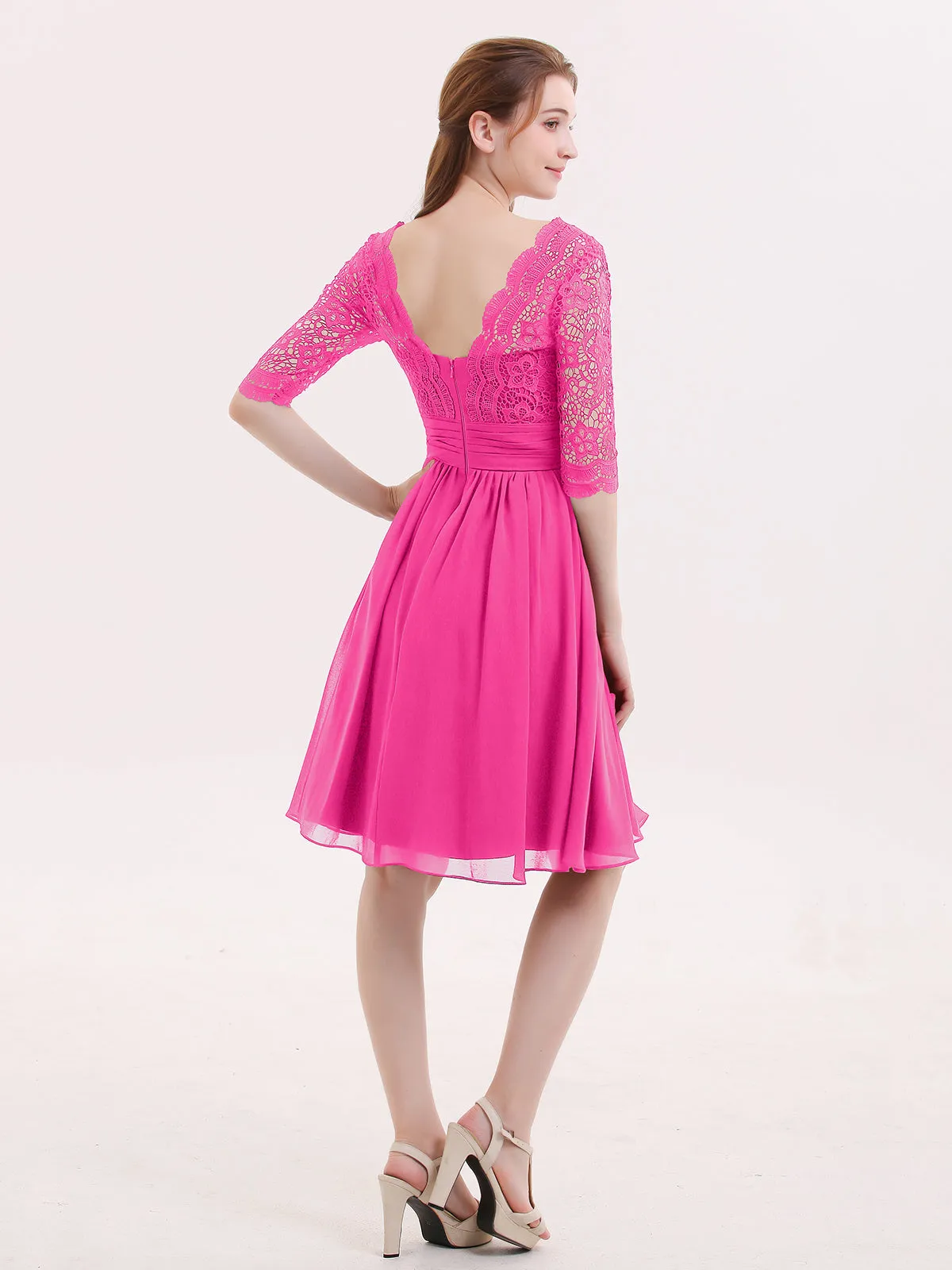 Lace and Chiffon Short Dress with Half Sleeves Fuchsia