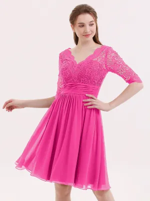 Lace and Chiffon Short Dress with Half Sleeves Fuchsia