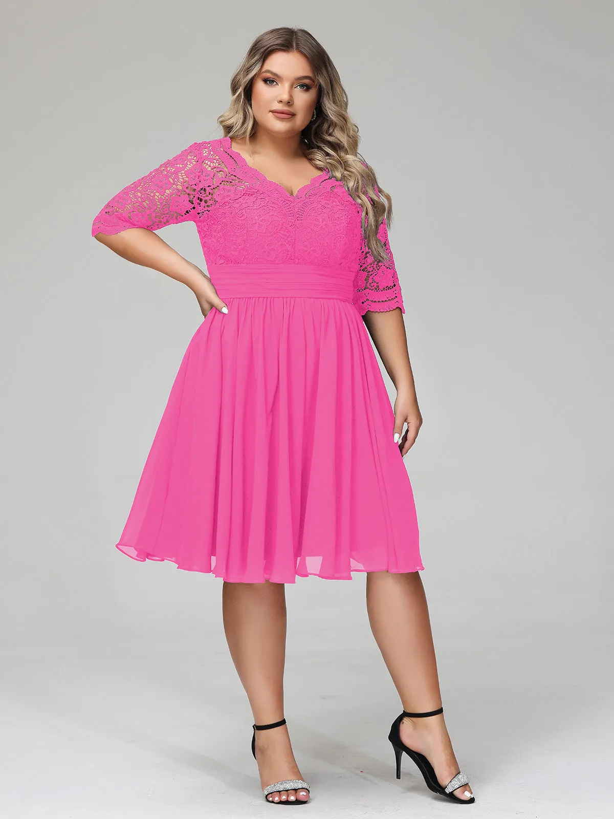 Lace and Chiffon Short Dress with Half Sleeves Fuchsia