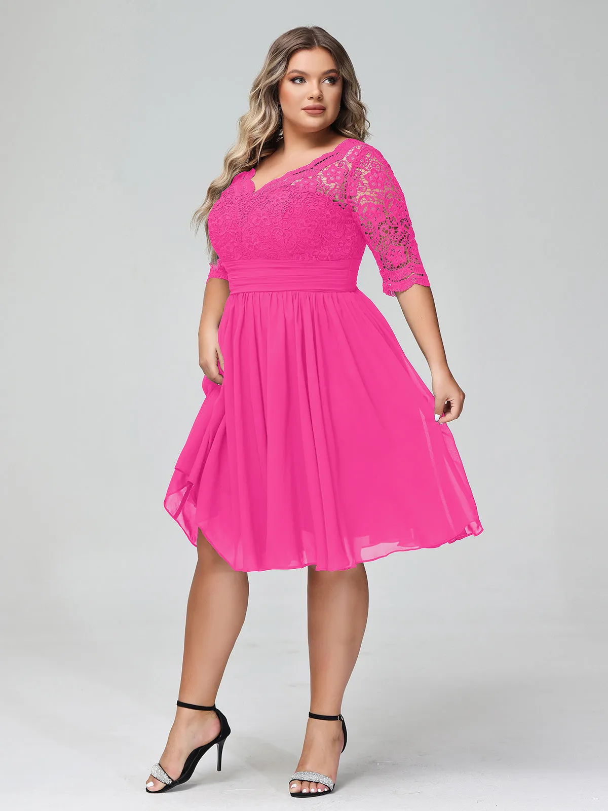 Lace and Chiffon Short Dress with Half Sleeves Fuchsia