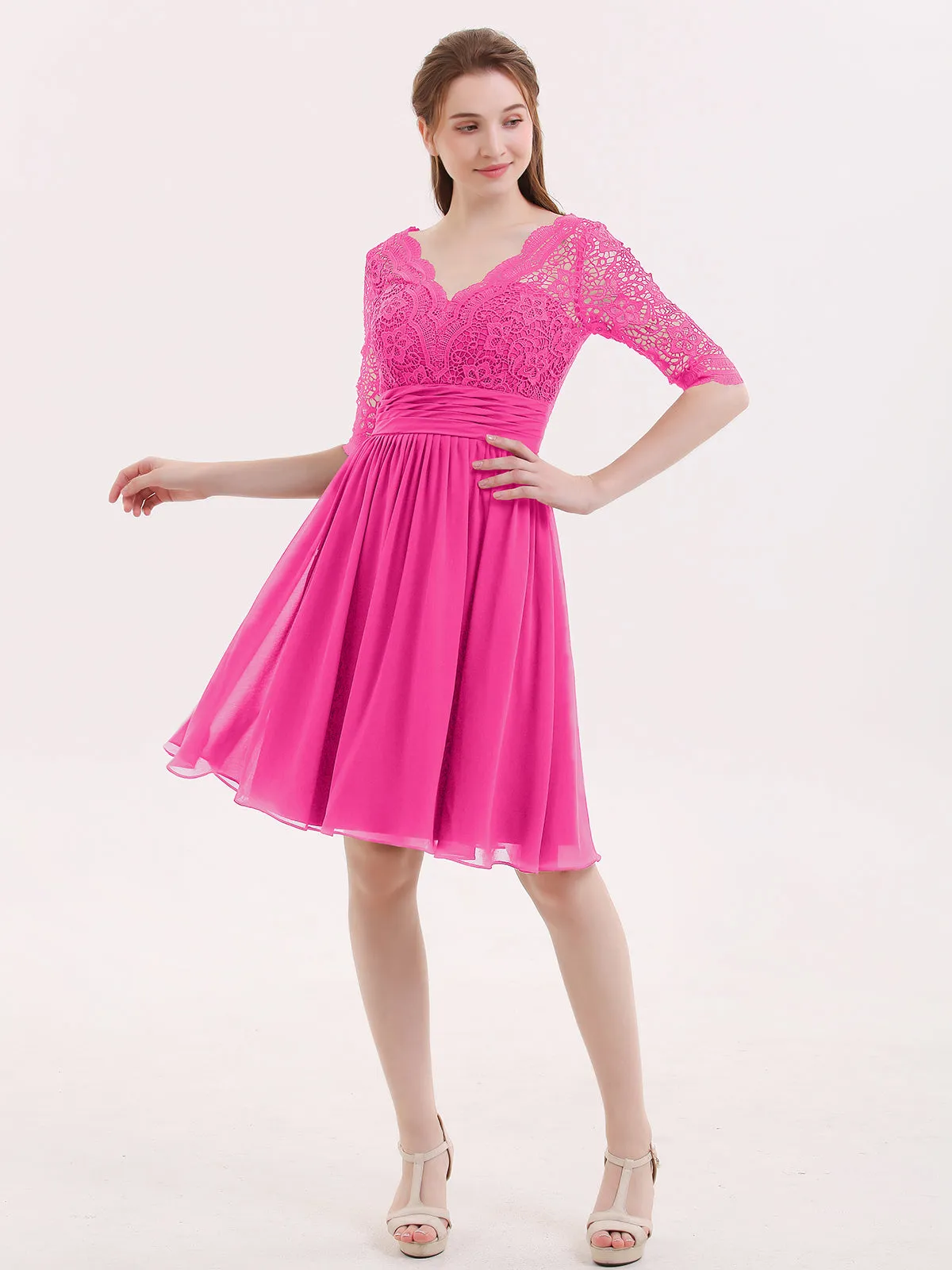 Lace and Chiffon Short Dress with Half Sleeves Fuchsia
