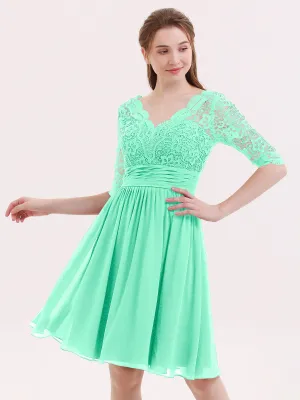 Lace and Chiffon Short Dress with Half Sleeves Turquoise