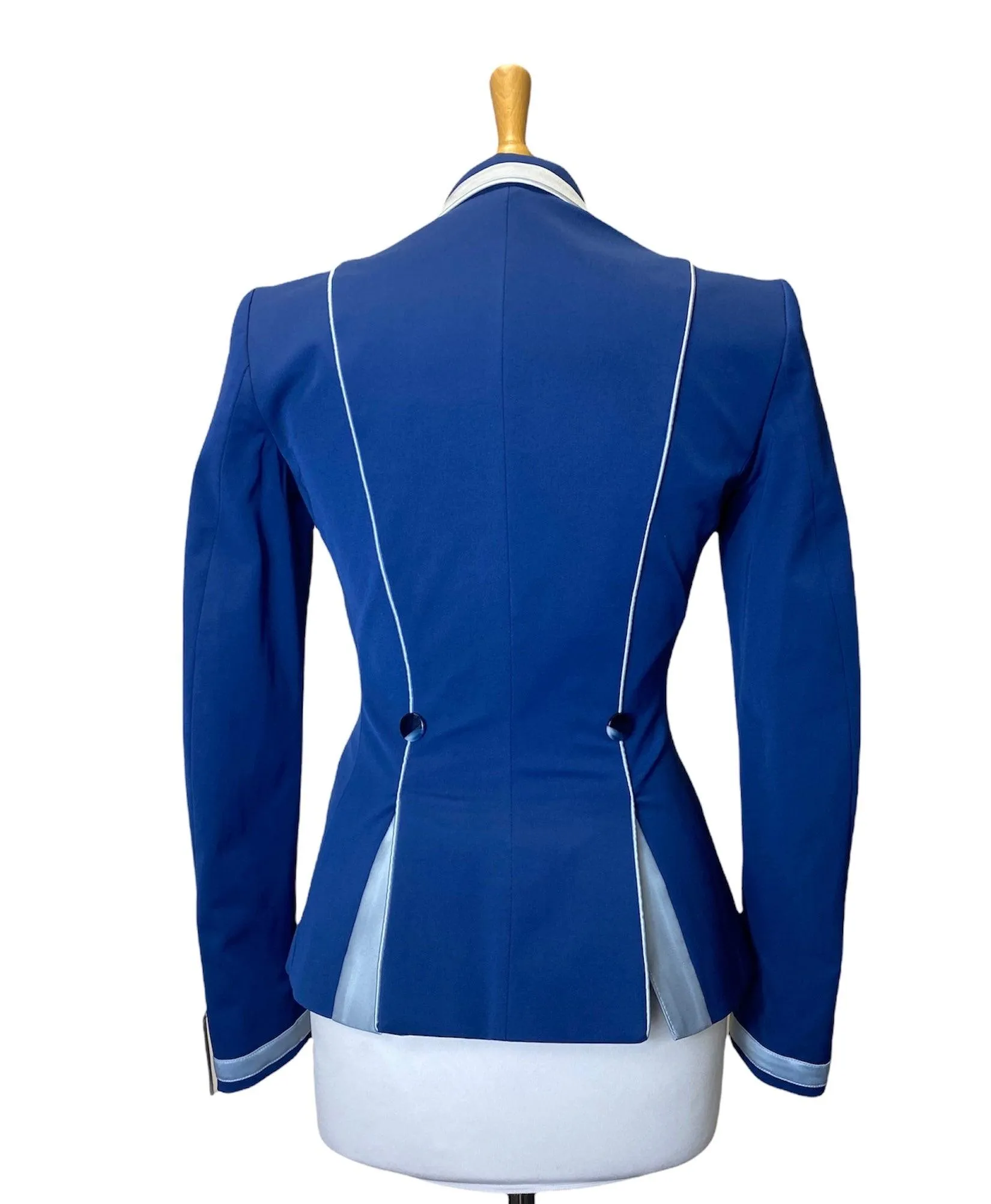 Ladies Charlotte Short Jacket Classic Denim Blue with Sky Blue Trim and Back Piping, UK Size 8