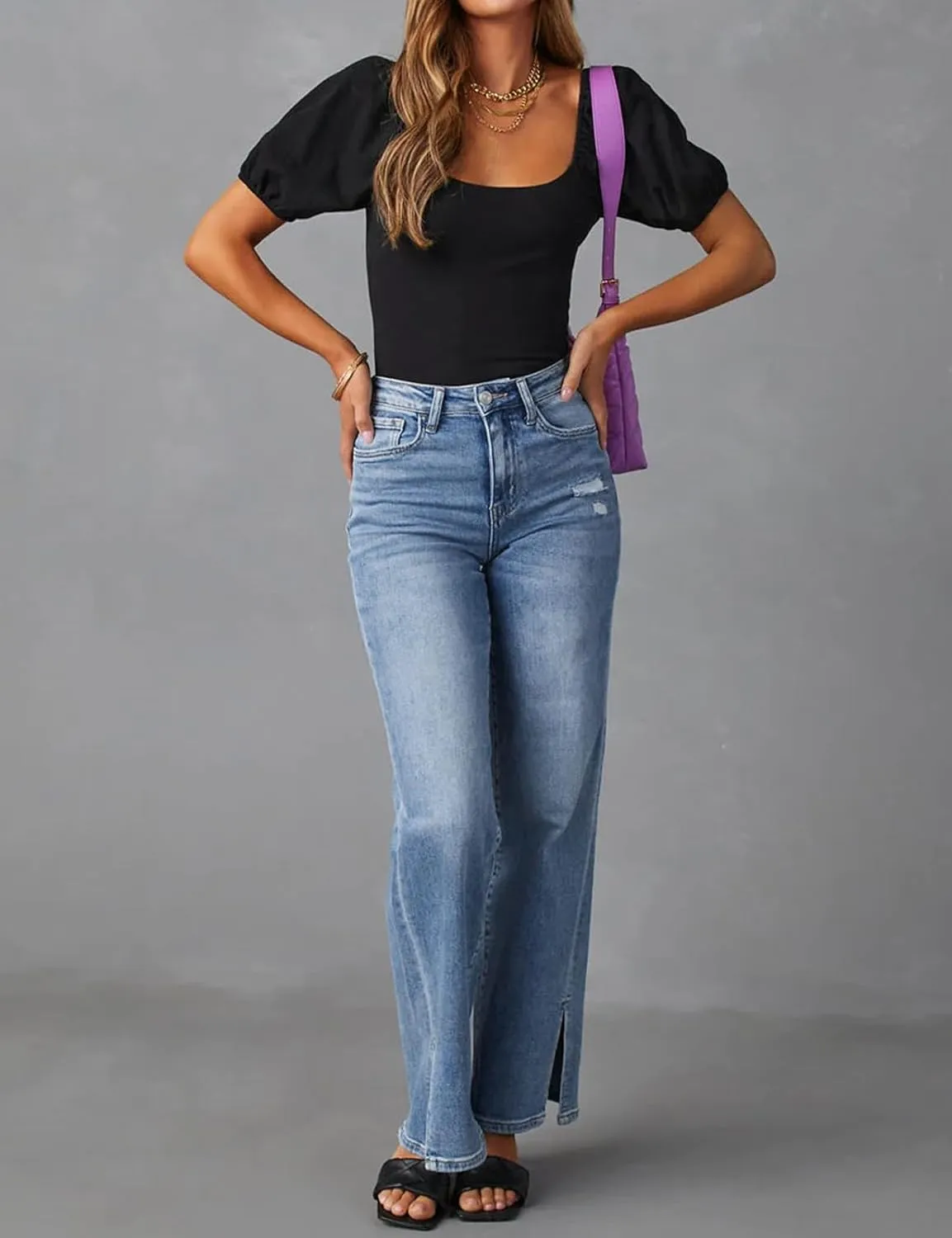 LONGBIDA Baggy Wide Leg Jeans for Women Straight Patchwork Loose Boyfriends High Waisted Denim Y2k Pants