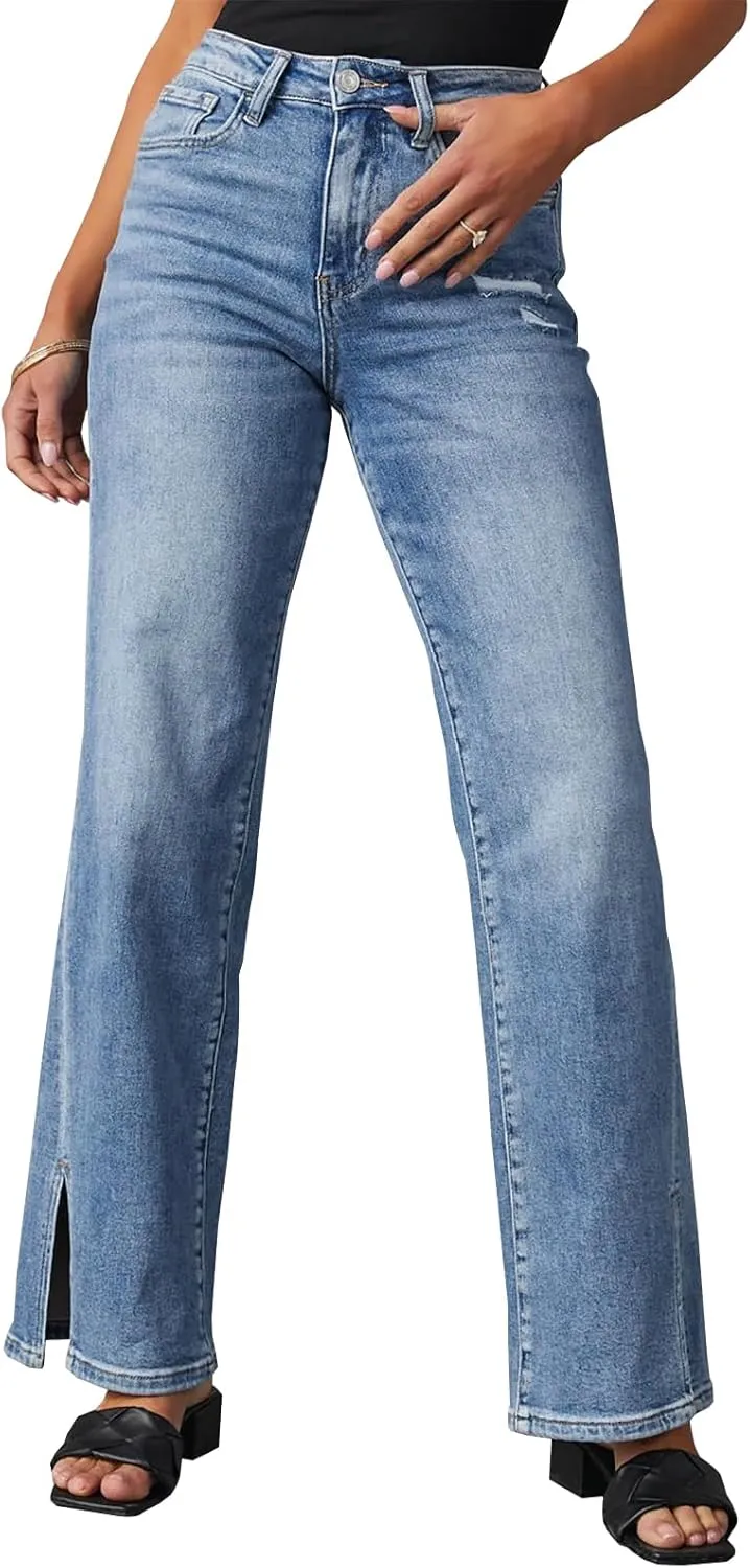 LONGBIDA Baggy Wide Leg Jeans for Women Straight Patchwork Loose Boyfriends High Waisted Denim Y2k Pants