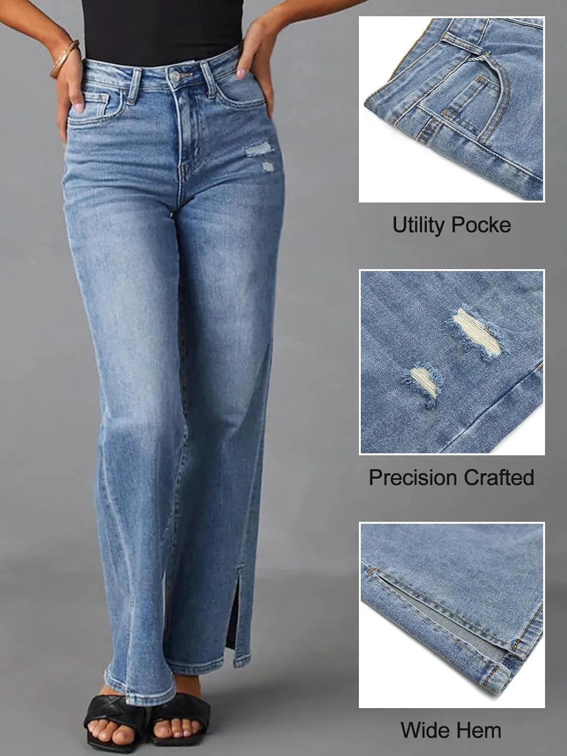 LONGBIDA Baggy Wide Leg Jeans for Women Straight Patchwork Loose Boyfriends High Waisted Denim Y2k Pants