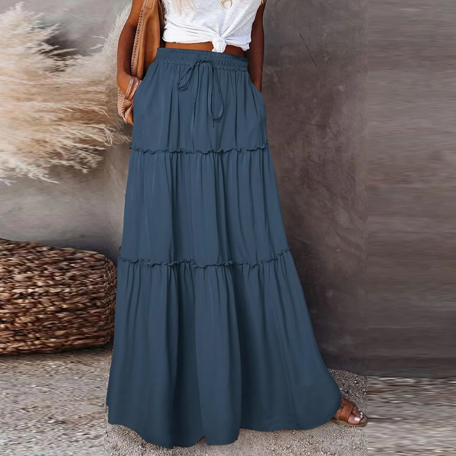 Maxi Skirts for Women 2025 Summer Beach Boho Casual High Waist Tie Paisley Print Tiered Long Skirt with Pockets
