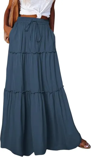 Maxi Skirts for Women 2025 Summer Beach Boho Casual High Waist Tie Paisley Print Tiered Long Skirt with Pockets
