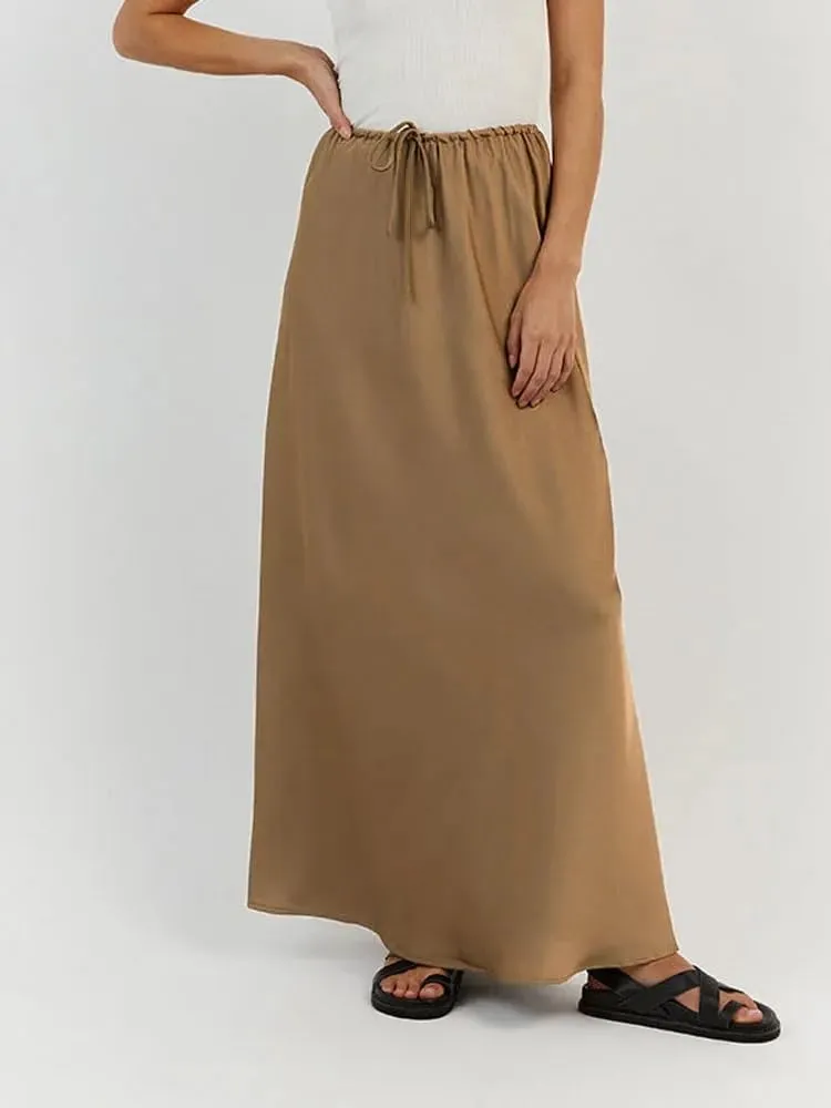 Meladyan Woman Drawstring High Elastic Waist Maxi Long Skirt A Line Flare Solid Slim Fitted Going Out Casual Midi Skirts