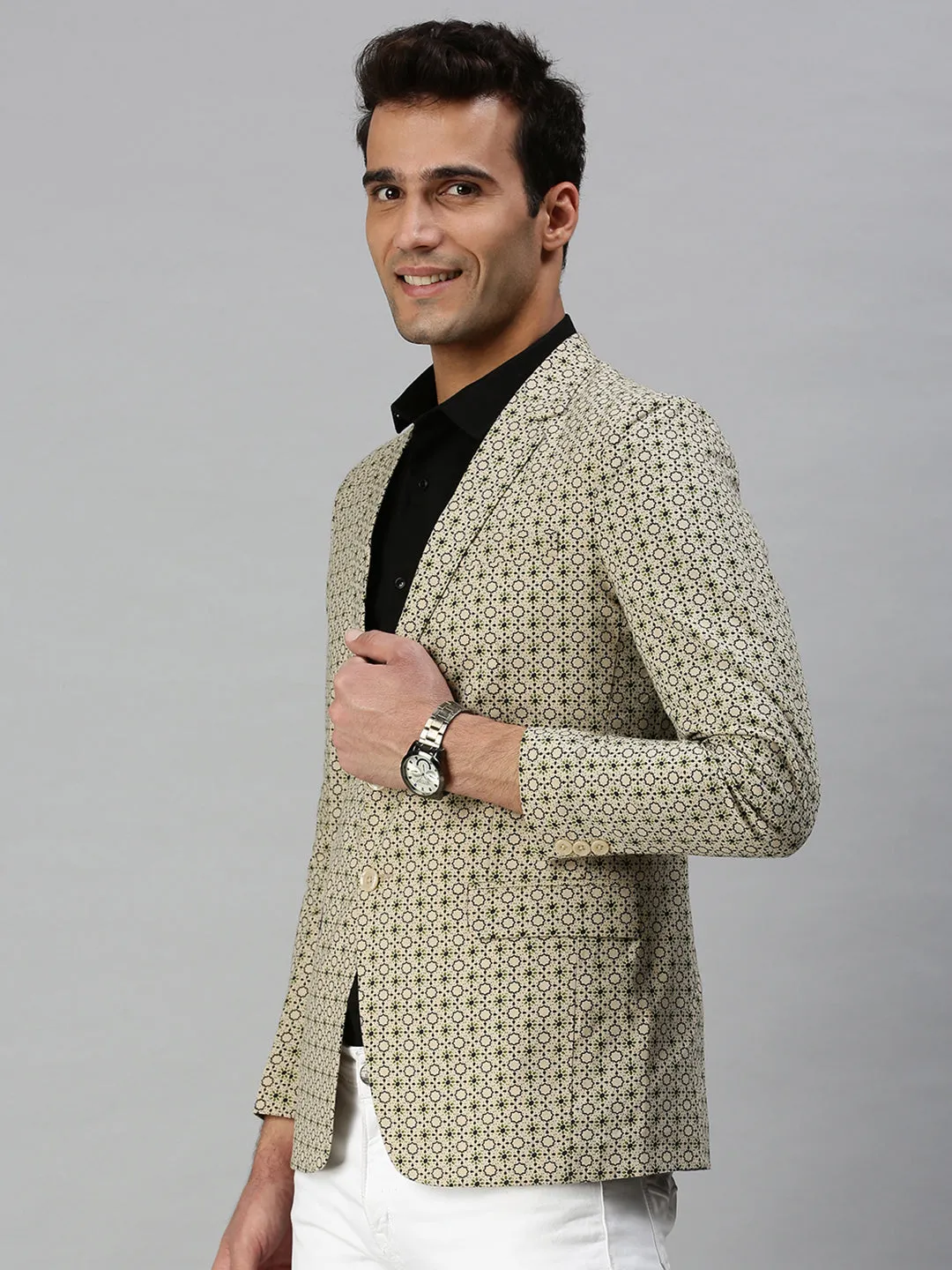 Men Beige Printed Slim-Fit Single-Breasted Blazer