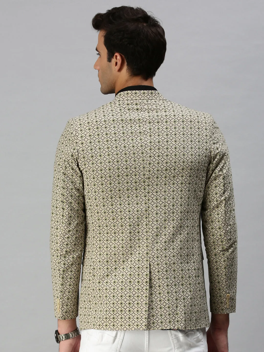 Men Beige Printed Slim-Fit Single-Breasted Blazer