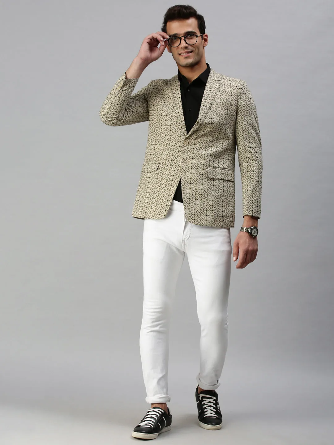Men Beige Printed Slim-Fit Single-Breasted Blazer