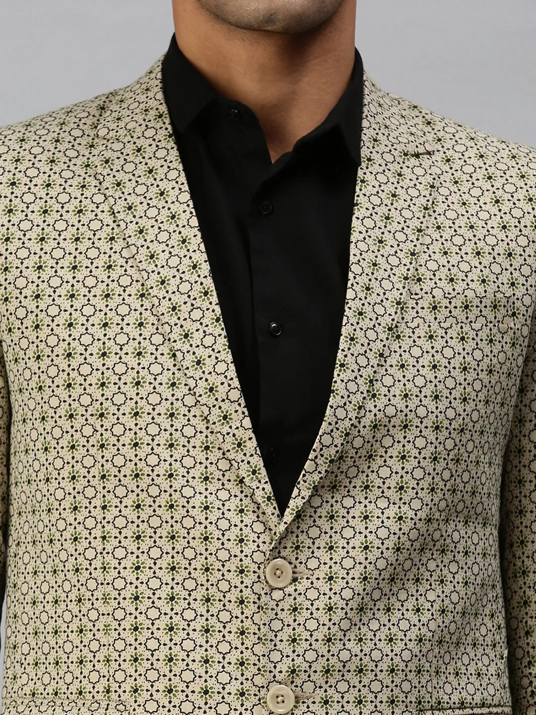 Men Beige Printed Slim-Fit Single-Breasted Blazer