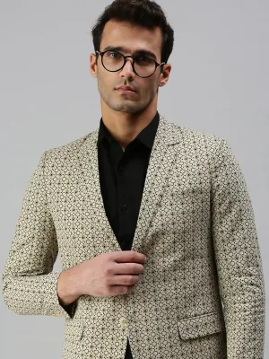 Men Beige Printed Slim-Fit Single-Breasted Blazer