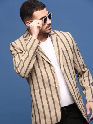 Men Beige Single Breasted Slim Fit Blazer