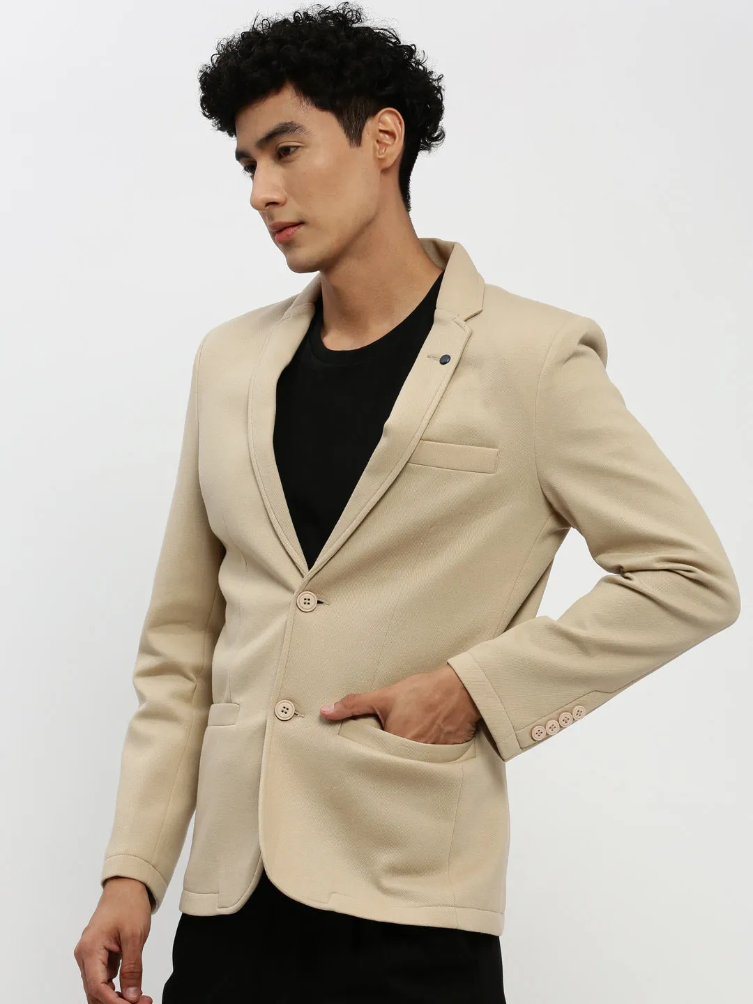 Men Beige Single-Breasted Slim-Fit Blazer