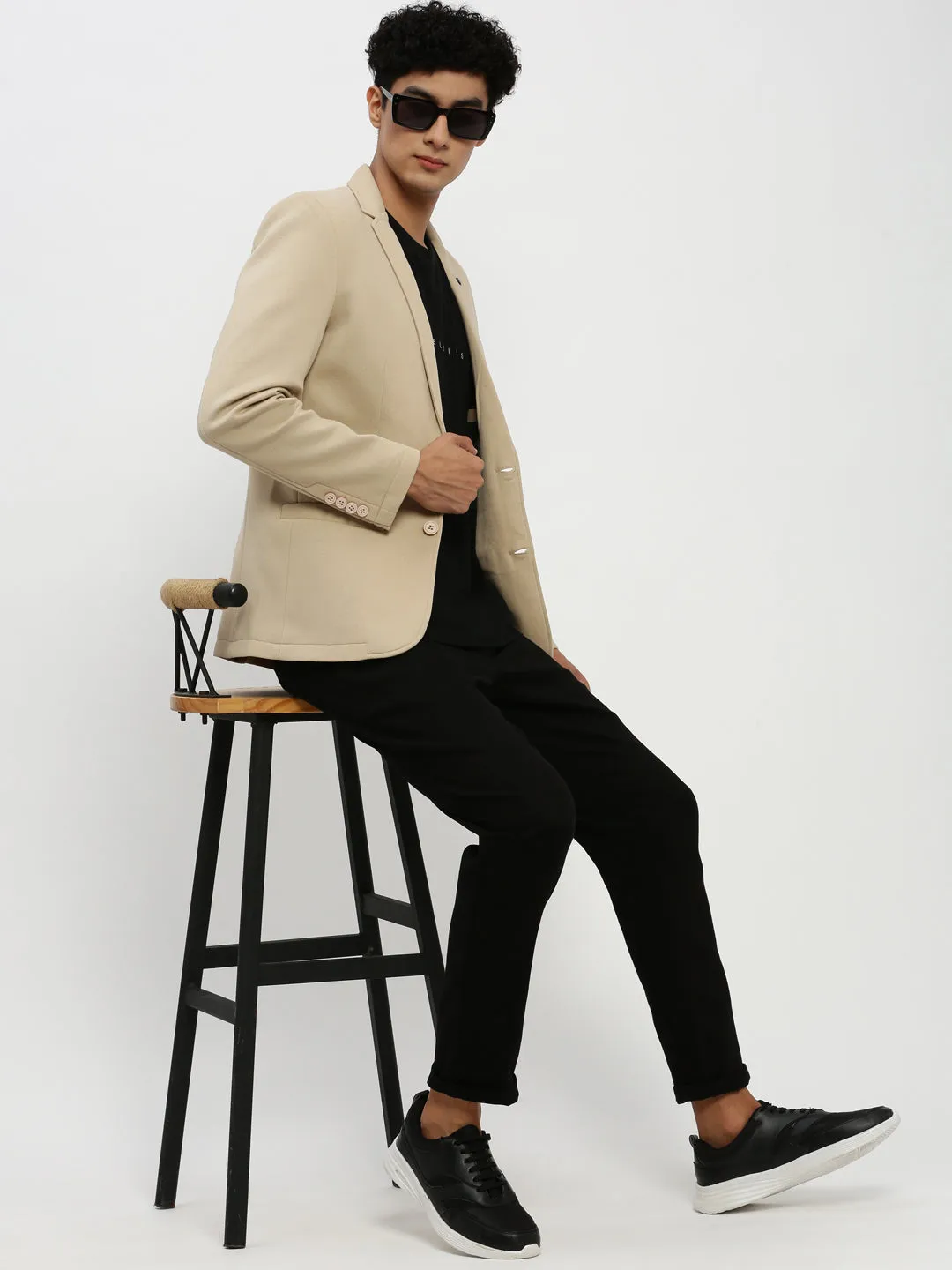 Men Beige Single-Breasted Slim-Fit Blazer