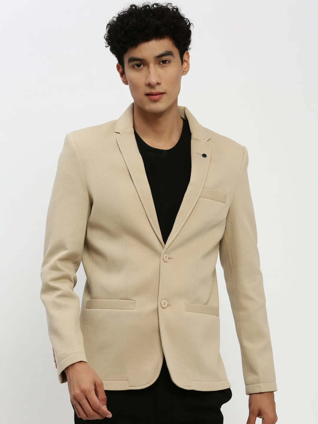 Men Beige Single-Breasted Slim-Fit Blazer