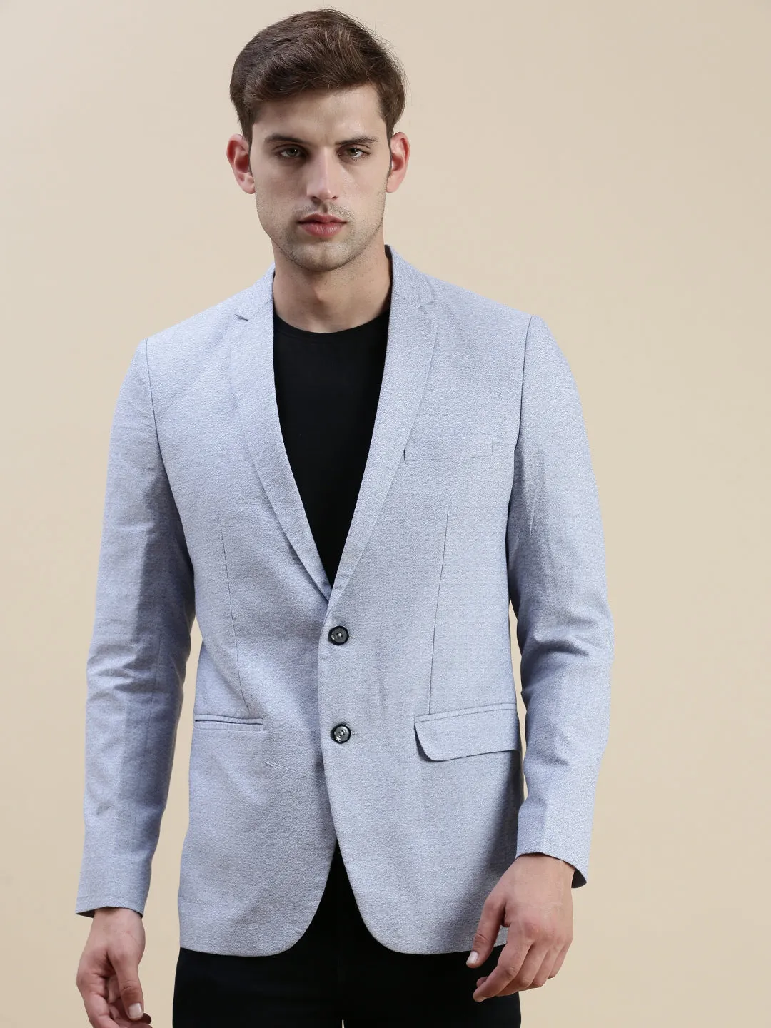 Men Blue Slim-Fit Single-Breasted Casual Blazer