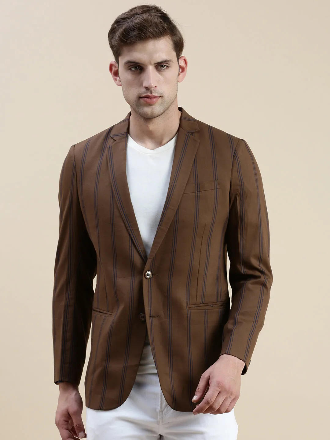 Men Brown Notched Lapel Striped Single-Breasted Blazer