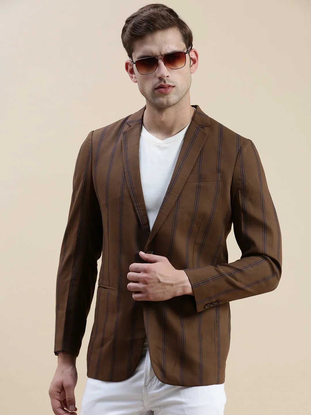 Men Brown Notched Lapel Striped Single-Breasted Blazer