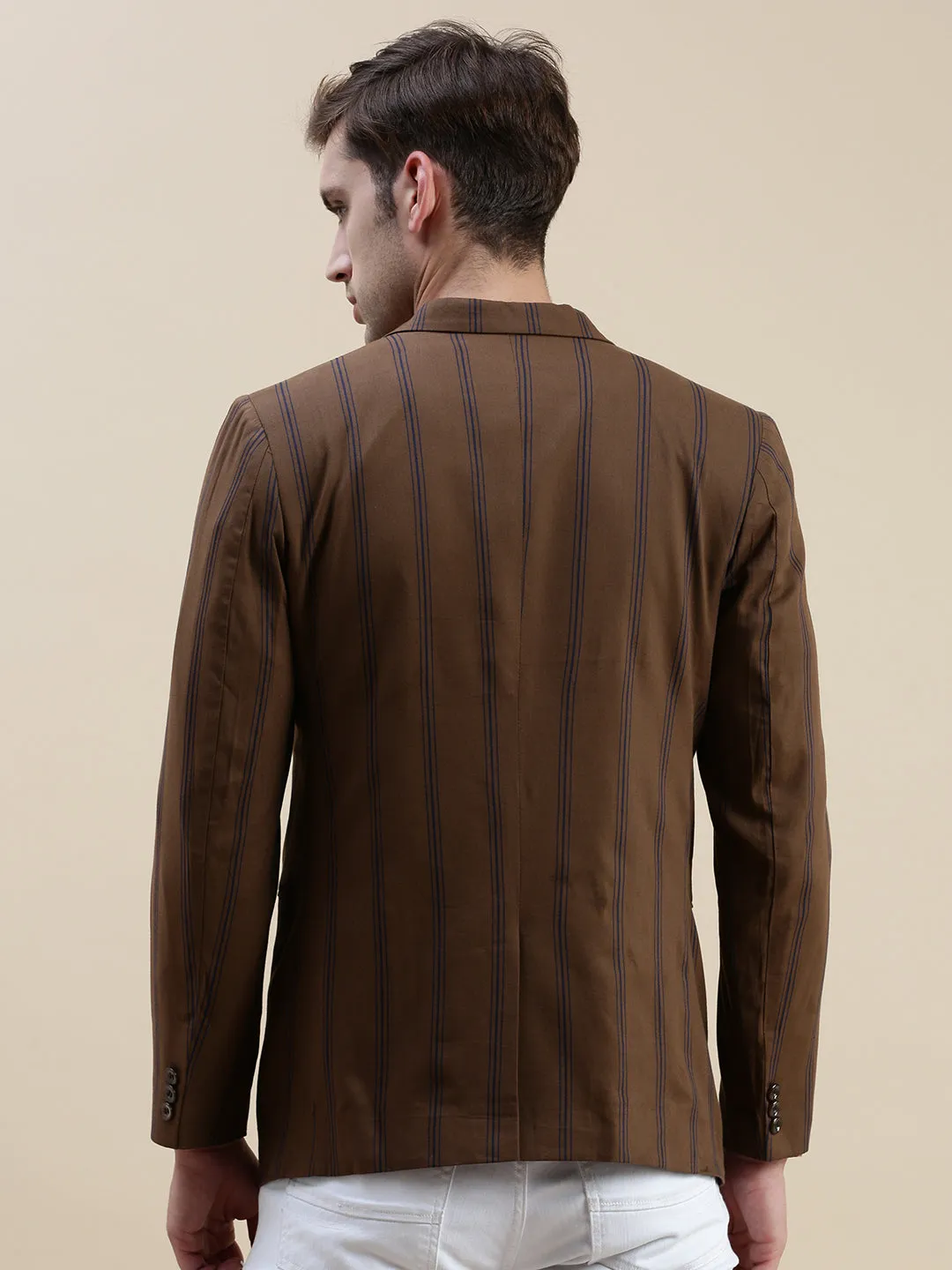 Men Brown Notched Lapel Striped Single-Breasted Blazer