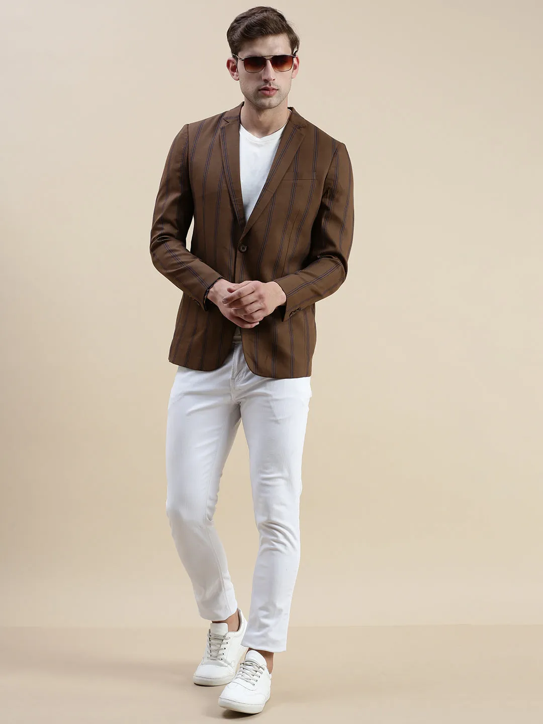 Men Brown Notched Lapel Striped Single-Breasted Blazer