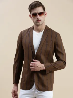 Men Brown Notched Lapel Striped Single-Breasted Blazer