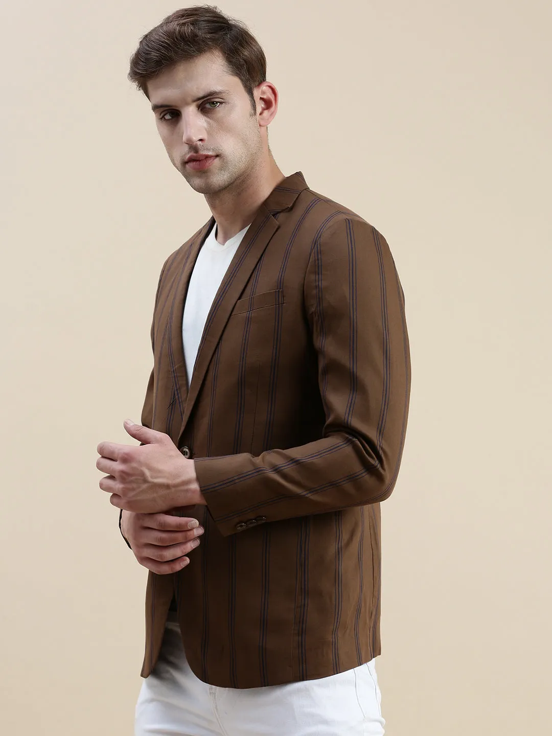 Men Brown Notched Lapel Striped Single-Breasted Blazer