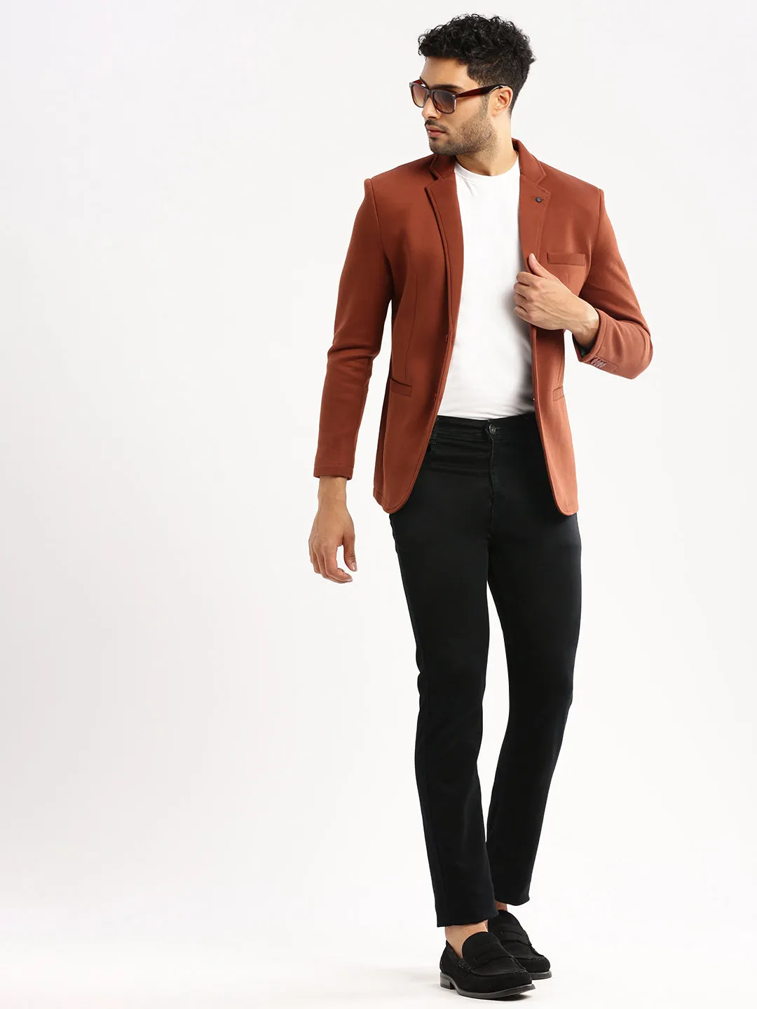 Men Brown Single-Breasted Slim-Fit Blazer
