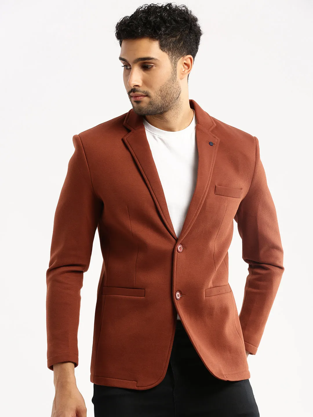 Men Brown Single-Breasted Slim-Fit Blazer