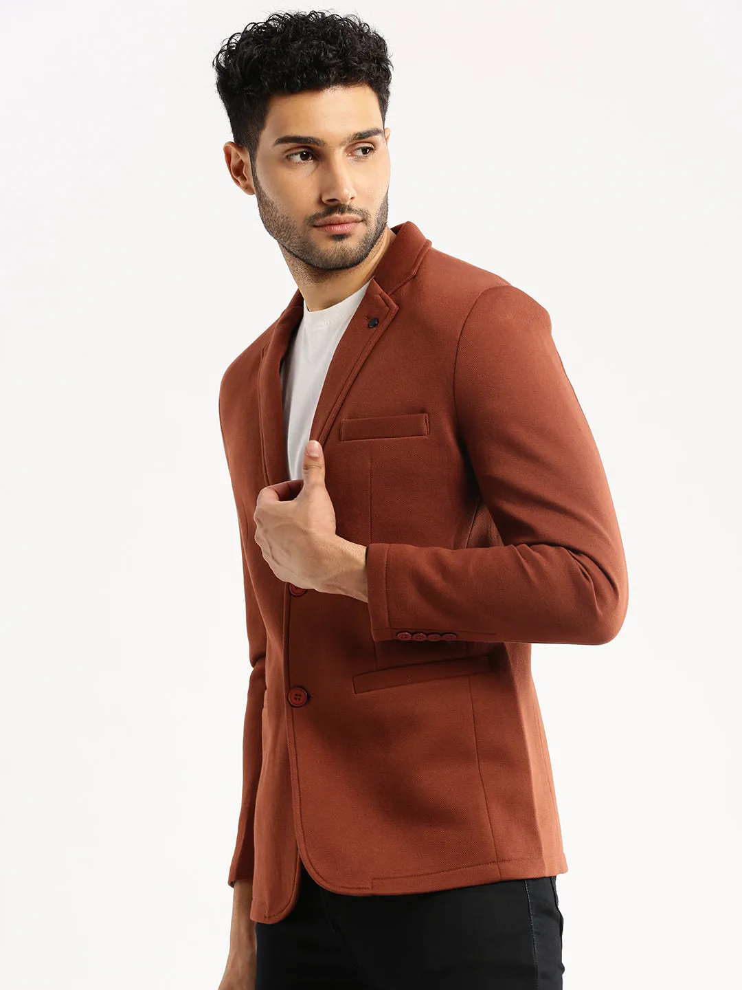Men Brown Single-Breasted Slim-Fit Blazer